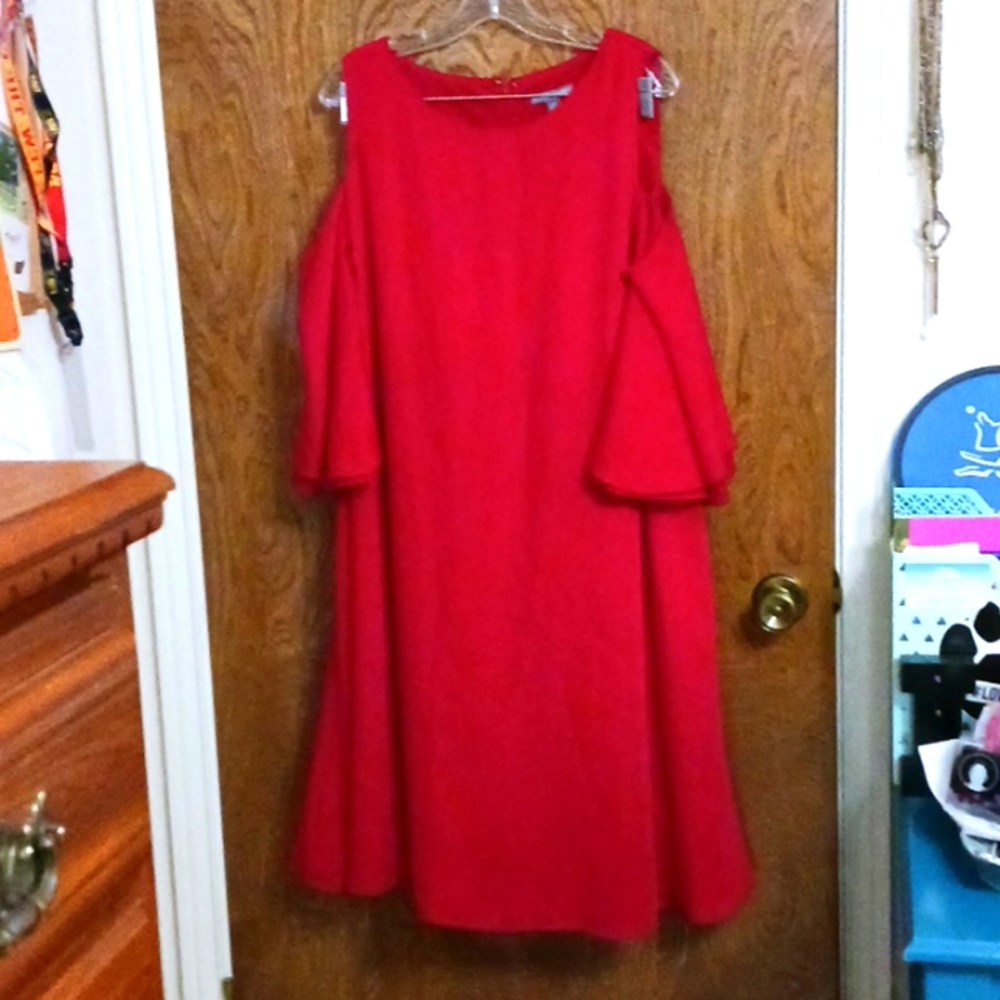 Jessica London 20W red crepe cold shoulder midi cocktail dress good condition